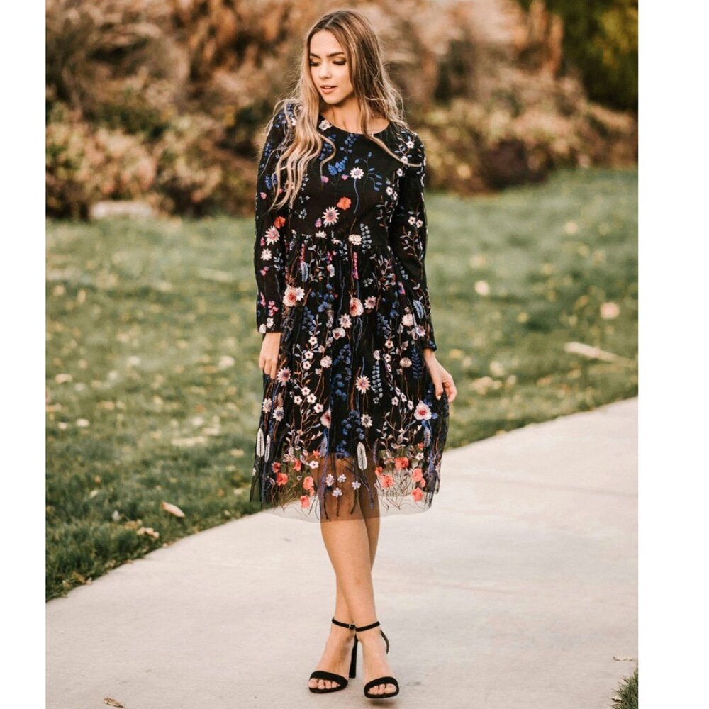 JessaKae Women's Small Black Blue Dress Embroidered Floral Tulle Overlay